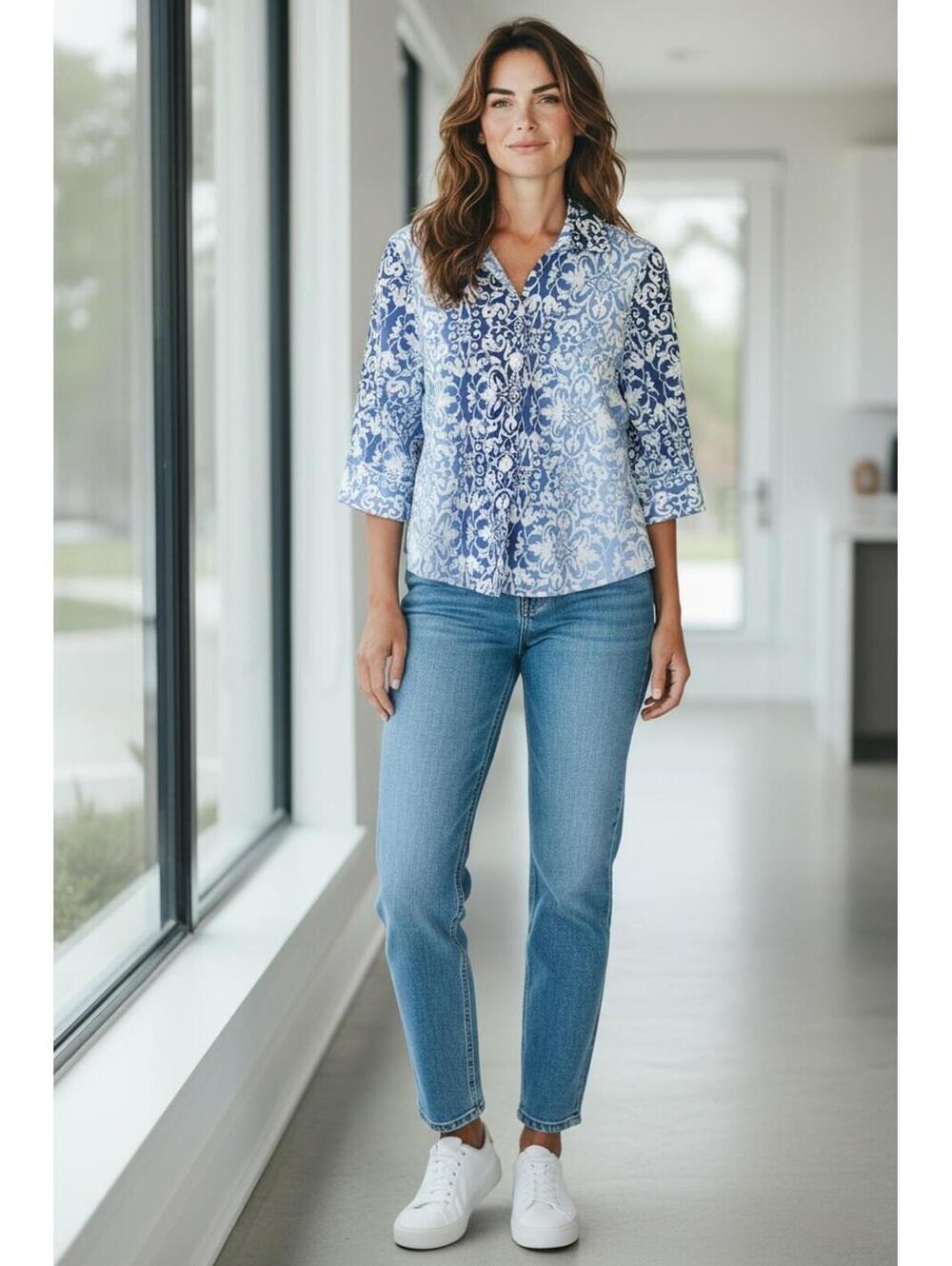 Westbound Petites Blue and White Printed Button-Up Shirt, Size 10P
